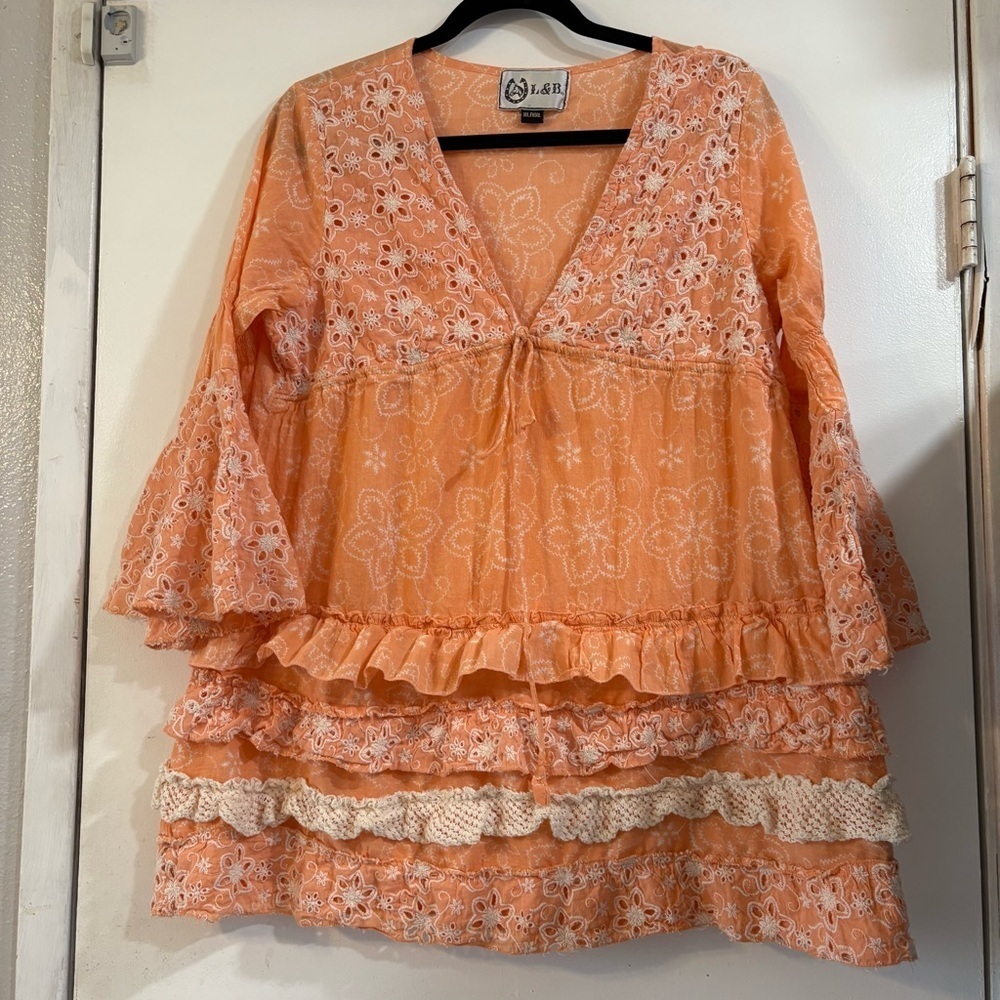 L&B Embroidered Eyelet Tiered Top Ruffle Flare Bell Sleeves XL XXL 3/4 Sleeve